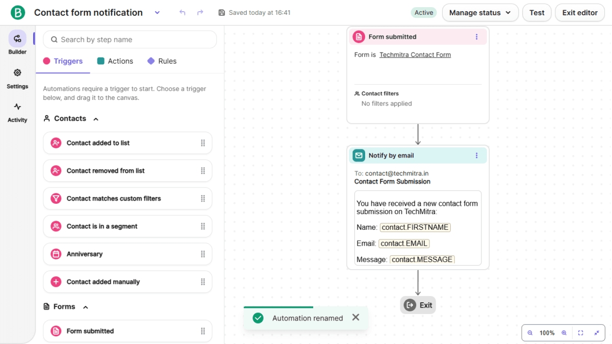 Contact form Notification automation
