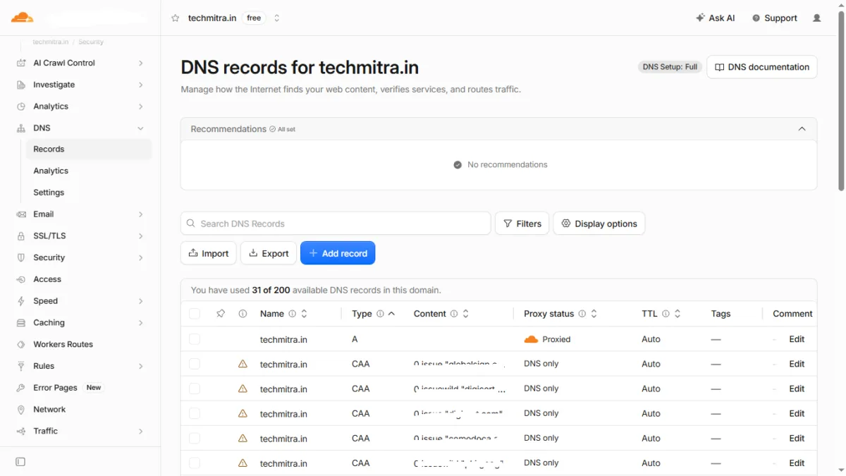 Cloudflare DNS records ashboard