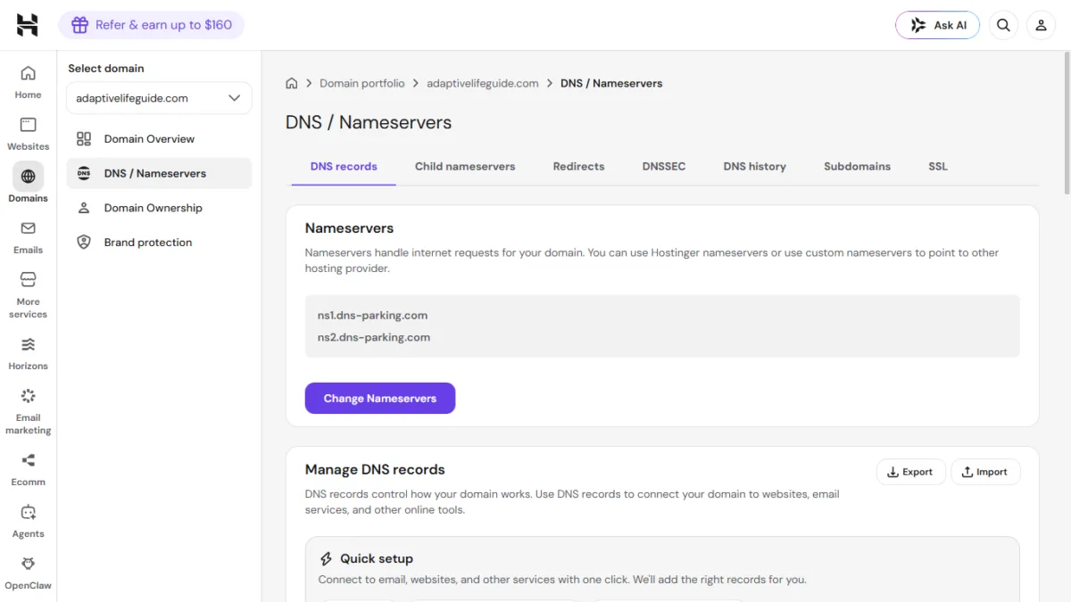 Hostinger DNS/name servers Dashboard