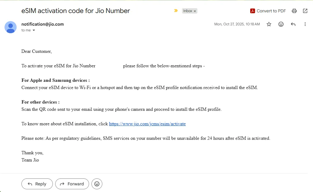 Email 2 Jio E sim