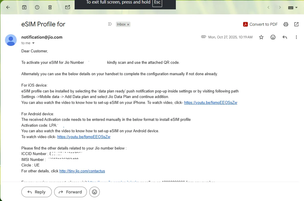 Email 3 Jio E sim