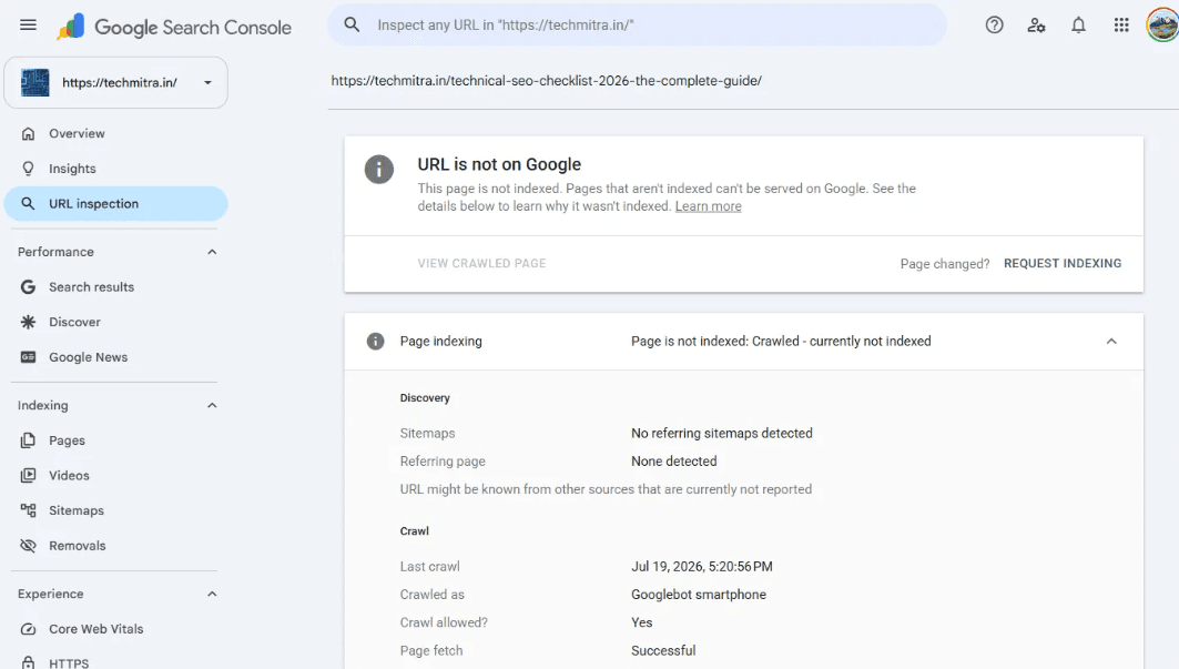 Technical SEO Checklist (2026): The Complete Guide with Real Examples 4 Screenshot of Google Search Console of this article crawled by Google bots