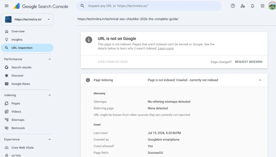 Technical SEO Checklist (2026): The Complete Guide with Real Examples 4 Screenshot of Google Search Console of this article crawled by Google bots