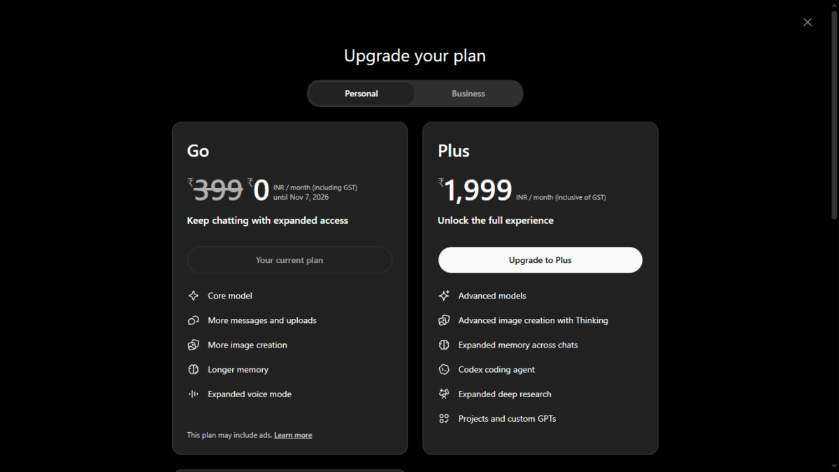 ChatGPT Free vs Go vs Plus vs Pro vs Business: Which Plan Should You Choose in 2026? 4 chatGPT Go Plan Free Upto November 7