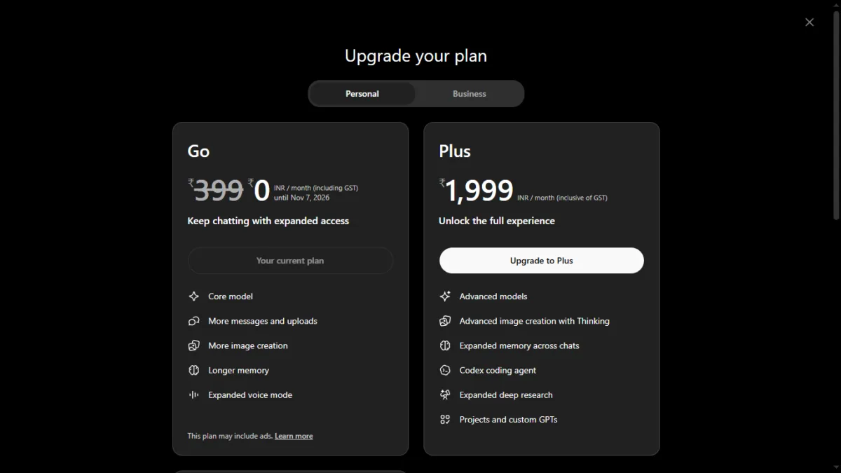 chatGPT Go Plan Free Upto November 7