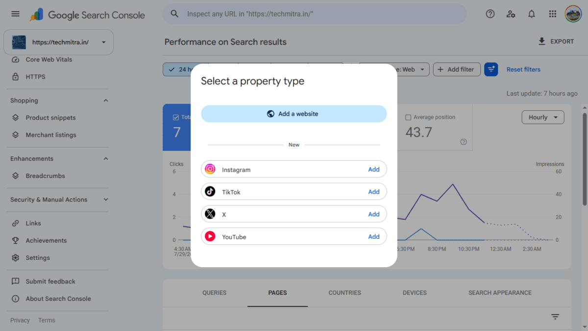 Social Channels in Search Console: How Google's Platform Properties Actually Work (I Connected My X Account) 3 ADD propert menu in GSC