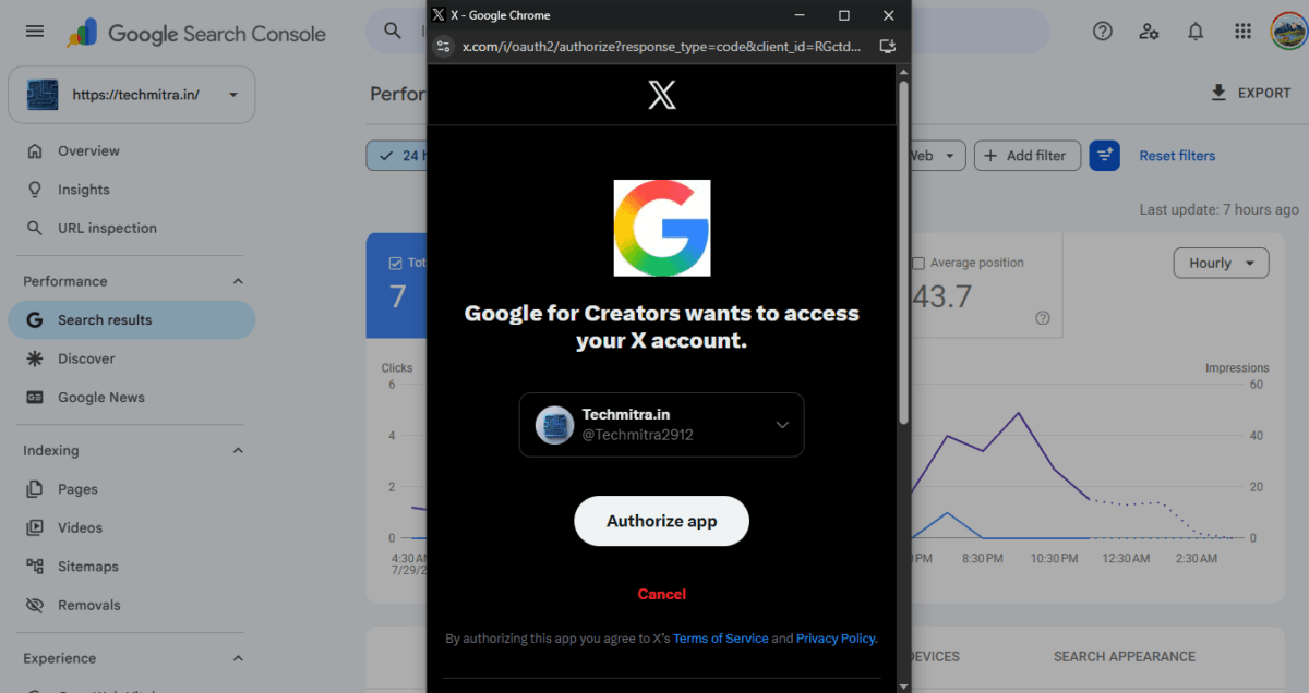 Social Channels in Search Console: How Google's Platform Properties Actually Work (I Connected My X Account) 5 X asks for autorization