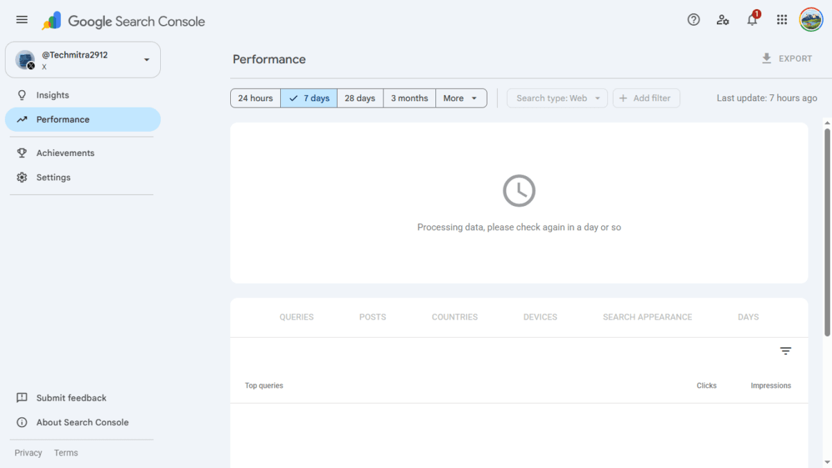 Social Channels in Search Console: How Google's Platform Properties Actually Work (I Connected My X Account) 8 Image 7 As new account added no data shown