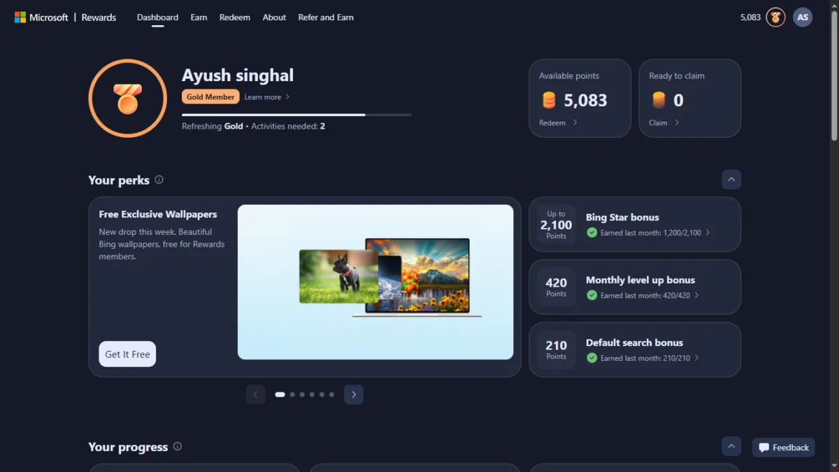 Screenshots of Microsoft reward dashboard on 06/10/2026