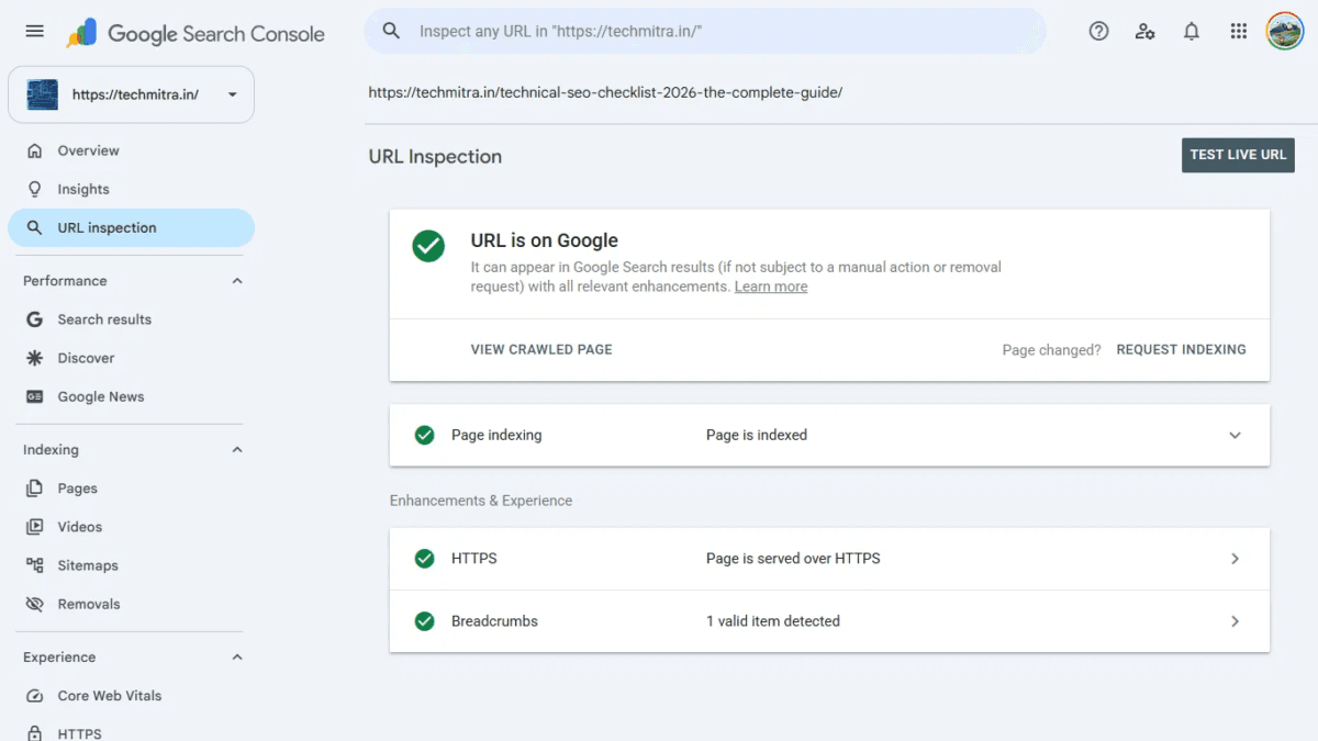 Technical SEO Checklist (2026): The Complete Guide with Real Examples 5 Screenshot of this article Indexed Just after 1 min Of crawling