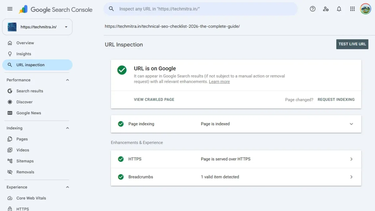 Technical SEO Checklist (2026): The Complete Guide with Real Examples 5 Screenshot of this article Indexed Just after 1 min Of crawling