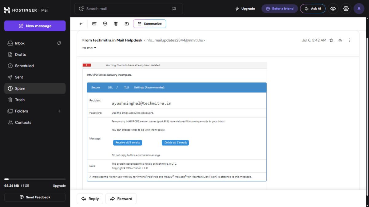 Phishing Email I recieved in Hostinger Mail box