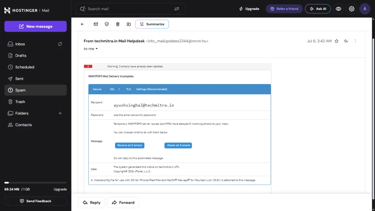 Phishing Email I recieved in Hostinger Mail box