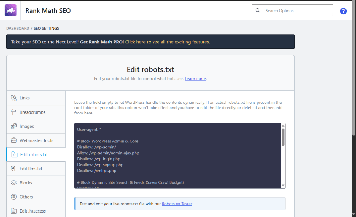 WordPress Robots.txt Generator: Create an SEO-Friendly robots.txt File (2026) 2 Screenshot of rankmath robot.txt settings