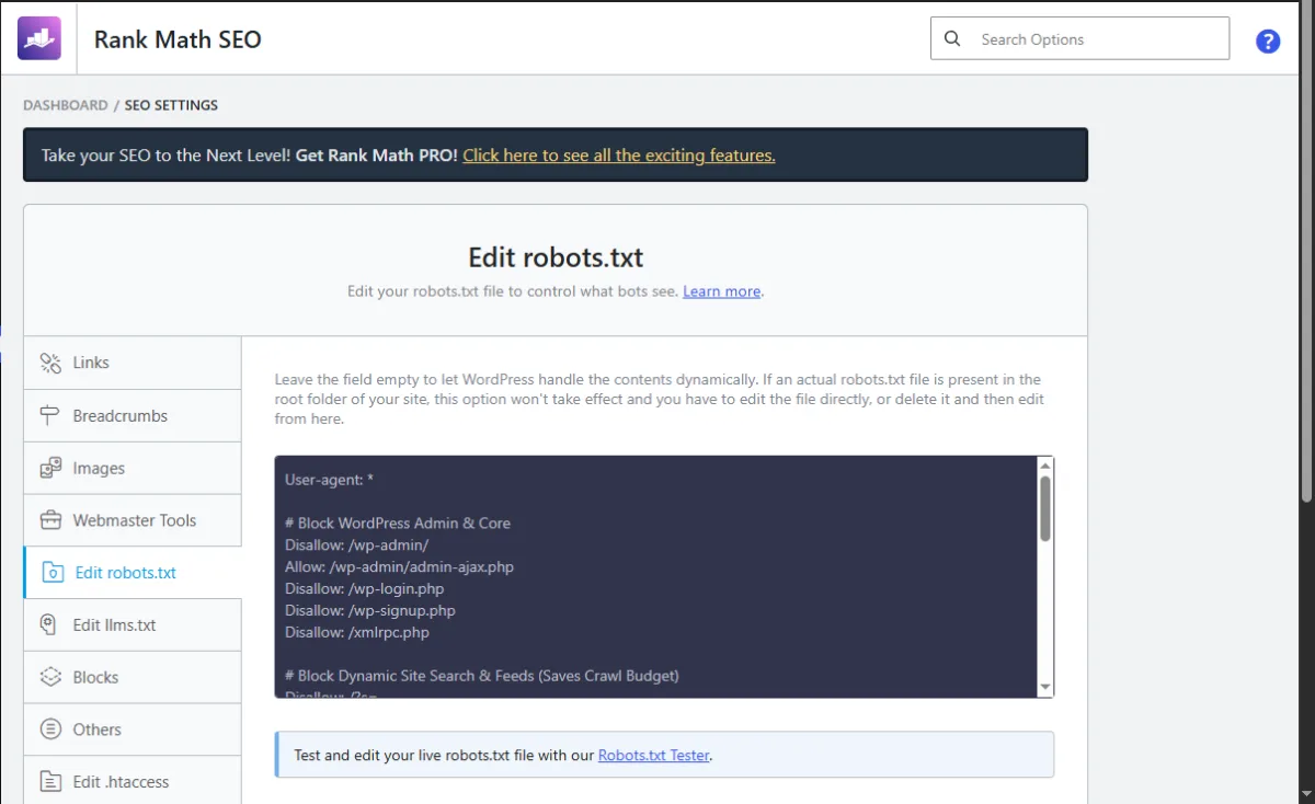 WordPress Robots.txt Generator: Create an SEO-Friendly robots.txt File (2026) 2 Screenshot of rankmath robot.txt settings