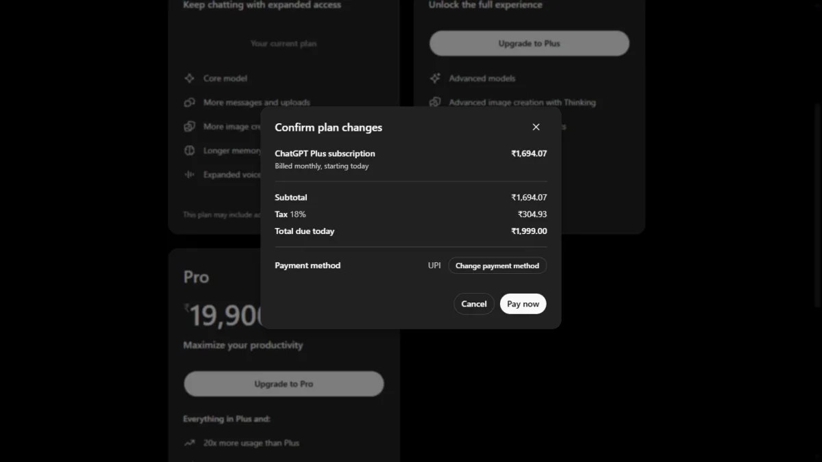 Screenshot of chatGPT payment dashboard showing total amount with tax