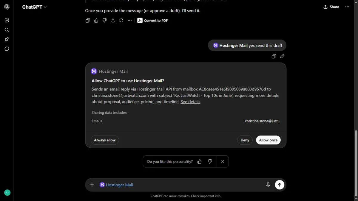 I Connected My Hostinger Mailbox to ChatGPT — Here's What Actually Happened 9 chatgpt asking confirmation to send email