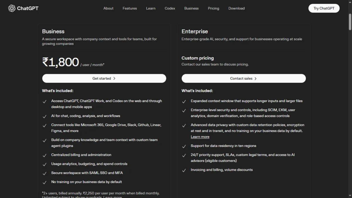 chatgpt business pricing list