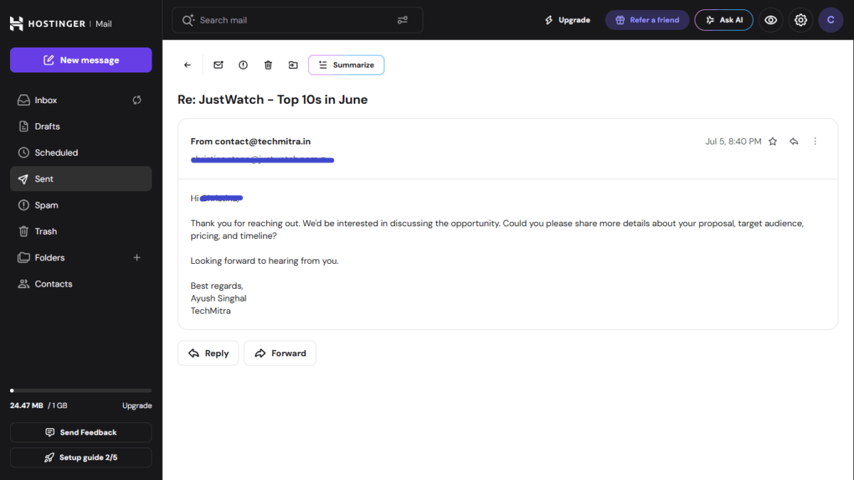 I Connected My Hostinger Mailbox to ChatGPT — Here's What Actually Happened 11 confirmation in hostinger email box