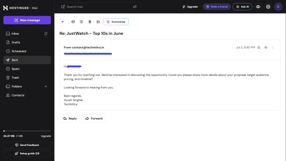 I Connected My Hostinger Mailbox to ChatGPT — Here's What Actually Happened 11 confirmation in hostinger email box