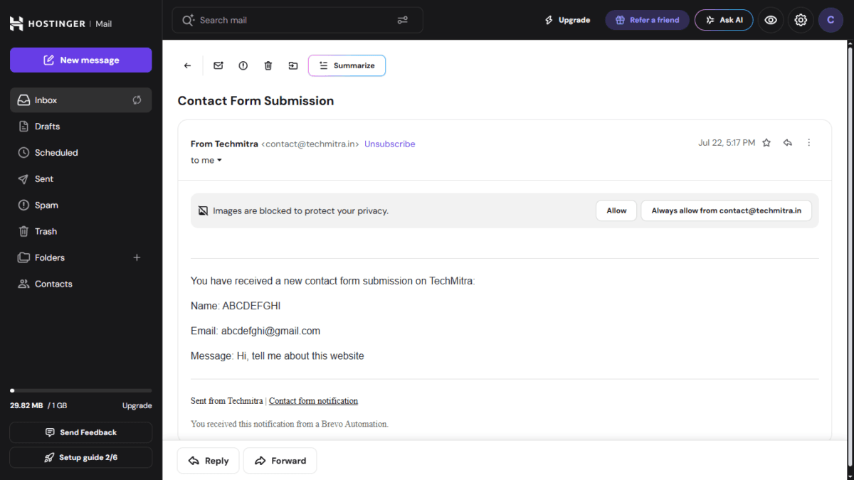 email notified in mail box in 1 minute