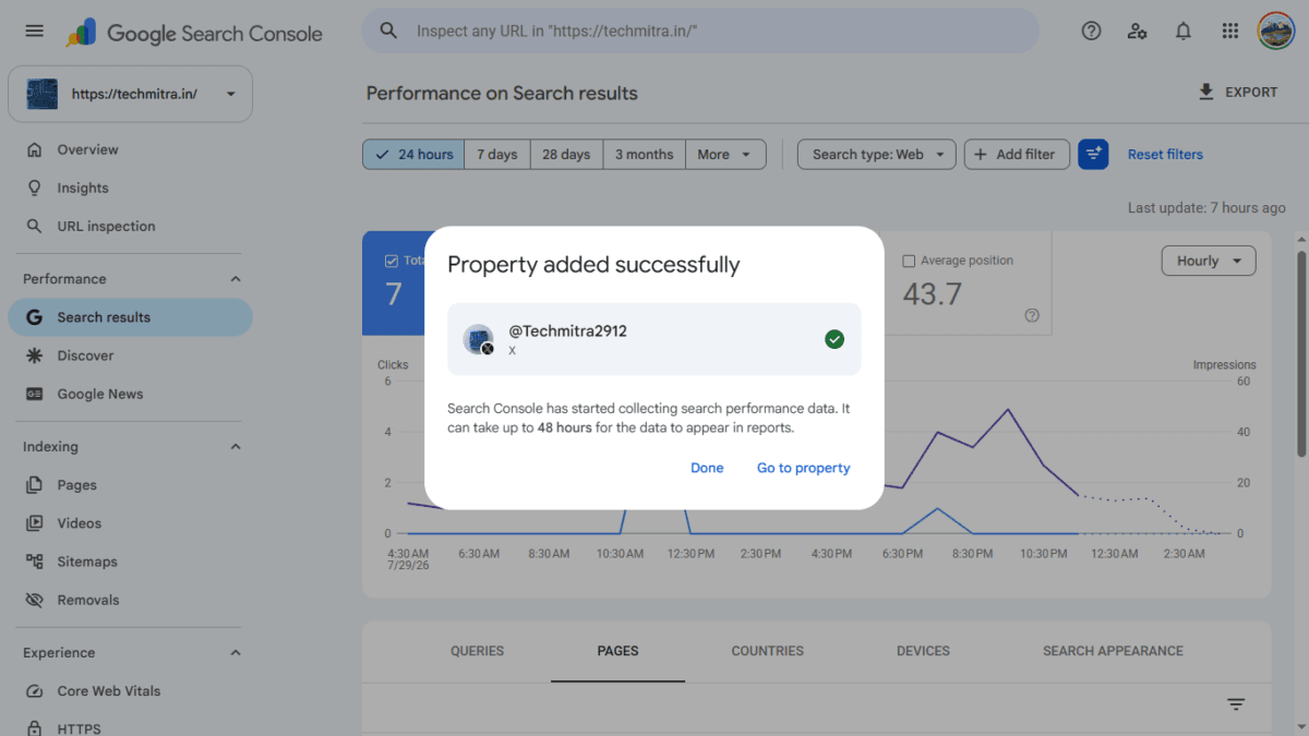 Social Channels in Search Console: How Google's Platform Properties Actually Work (I Connected My X Account) 6 GSC shows property added sucessfully