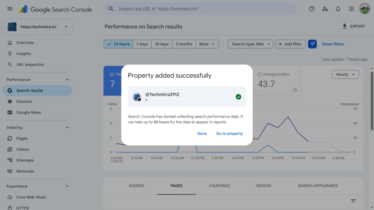 Social Channels in Search Console: How Google's Platform Properties Actually Work (I Connected My X Account) 6 GSC shows property added sucessfully