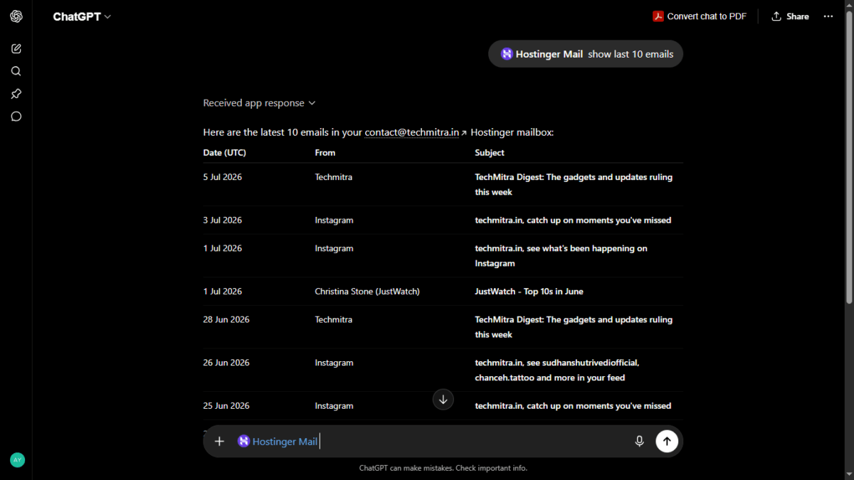 I Connected My Hostinger Mailbox to ChatGPT — Here's What Actually Happened 6 last 10 emails shown in chatgpt