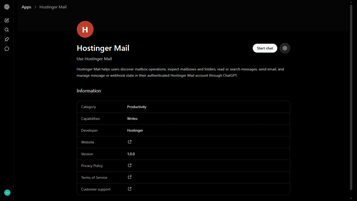 I Connected My Hostinger Mailbox to ChatGPT — Here's What Actually Happened 5 mail to chatgpt start char button appears