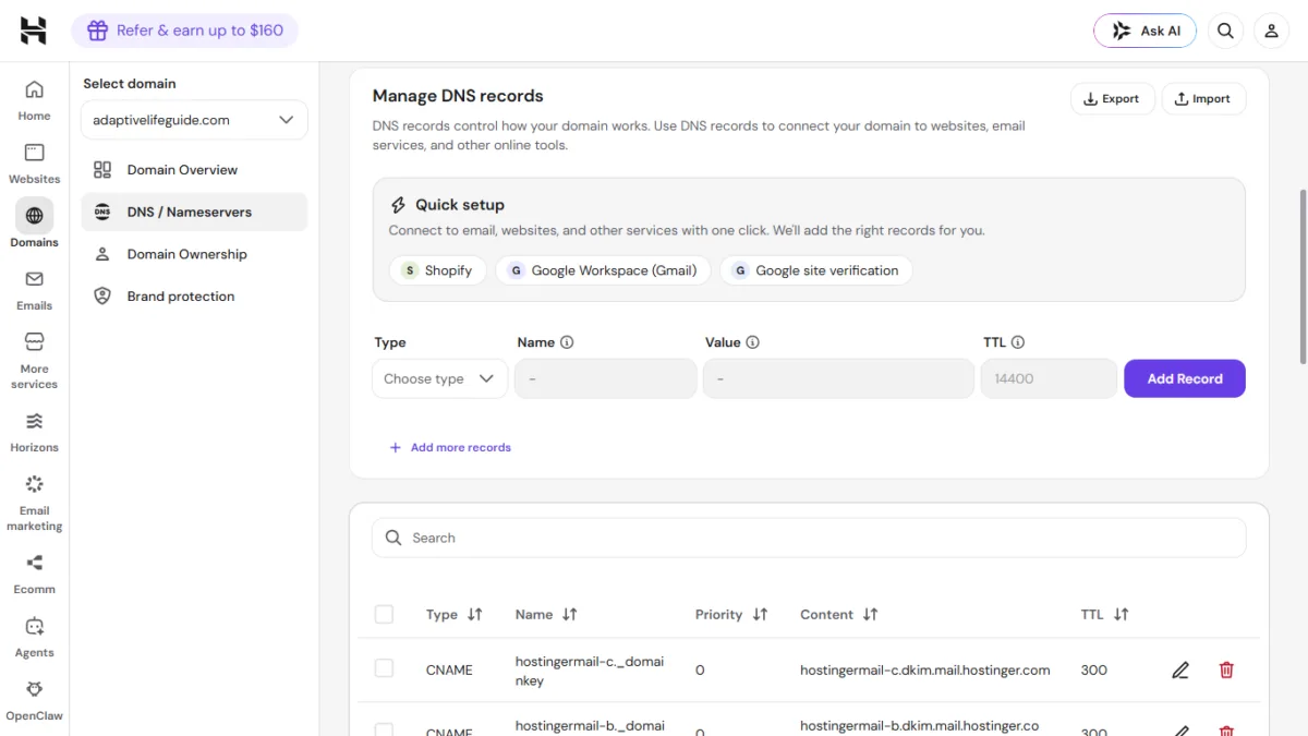 Hostinger Manage Domain Dashboard