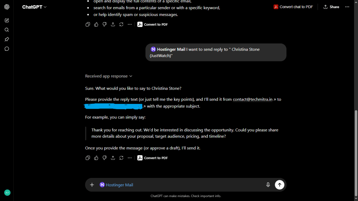 I Connected My Hostinger Mailbox to ChatGPT — Here's What Actually Happened 7 next prompt for hostinber mail 1