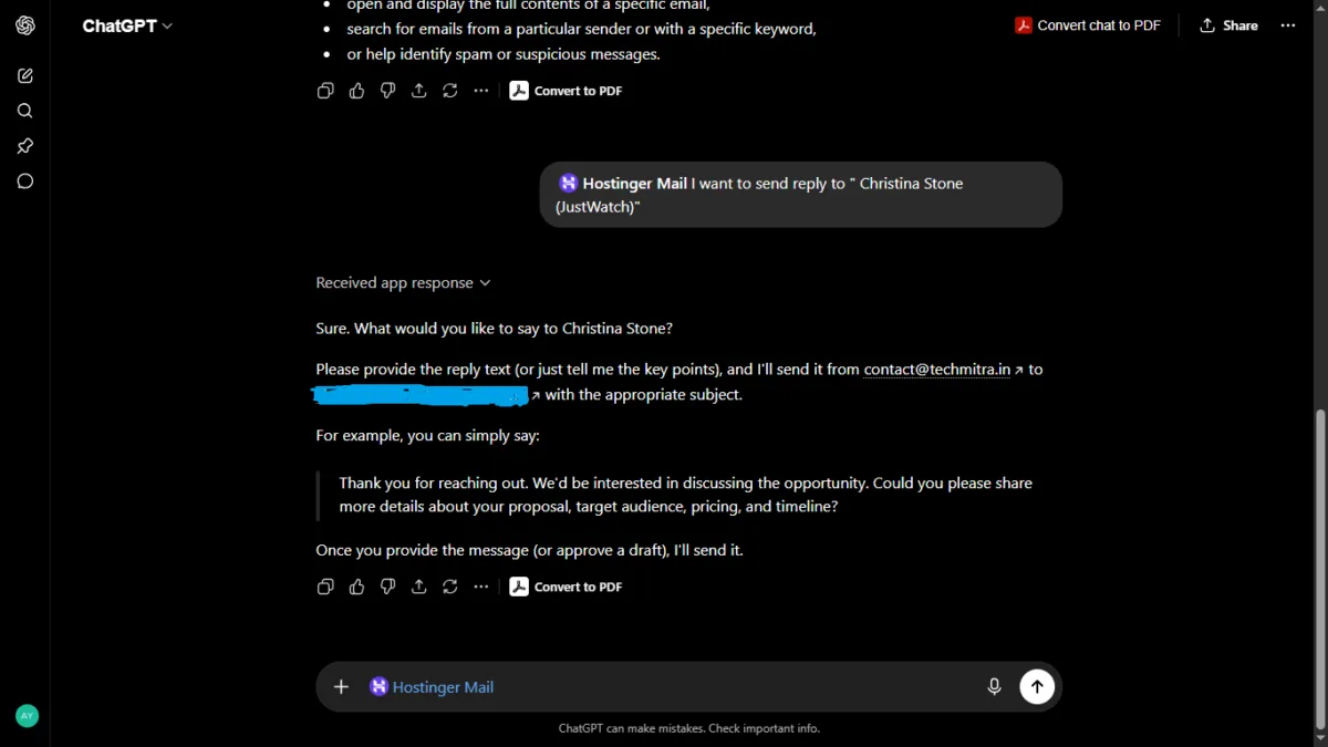 I Connected My Hostinger Mailbox to ChatGPT — Here's What Actually Happened 7 next prompt for hostinber mail 1