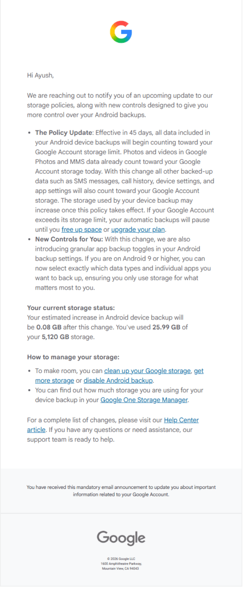 Google Just Changed How Android Backups Count Against Your Storage 2 Google android backup changes email
