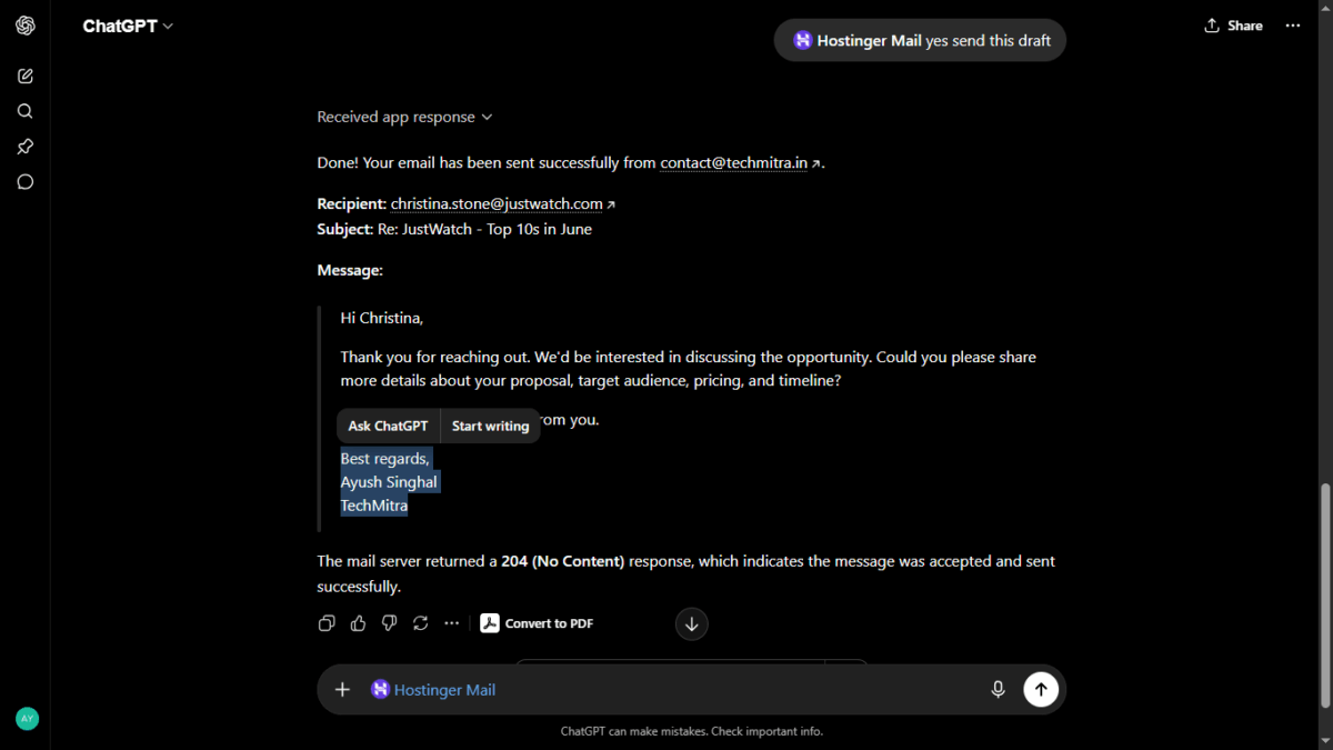 I Connected My Hostinger Mailbox to ChatGPT — Here's What Actually Happened 8 yes to send draft