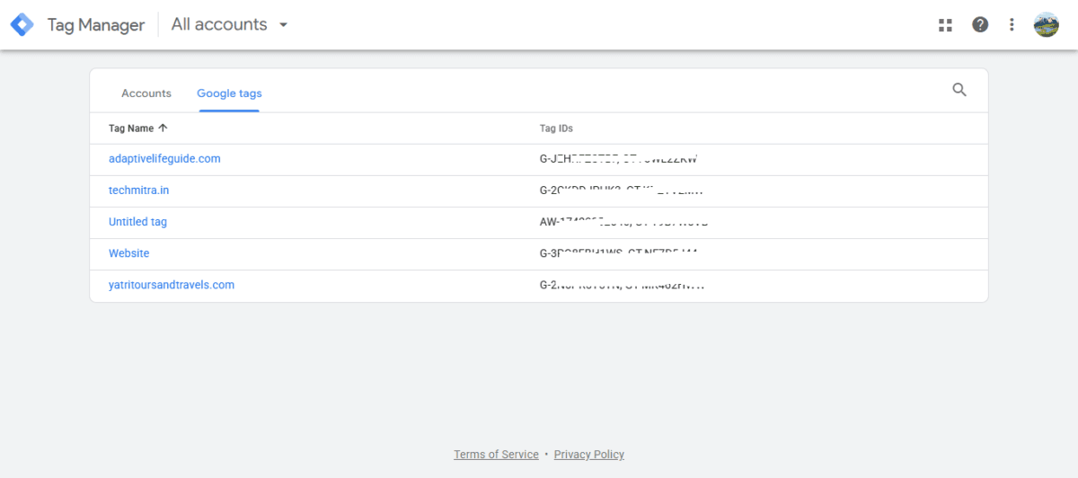 Google Tag Manager "Google tags" tab showing a list of existing Google tags with their Tag IDs, including a techmitra.in entry