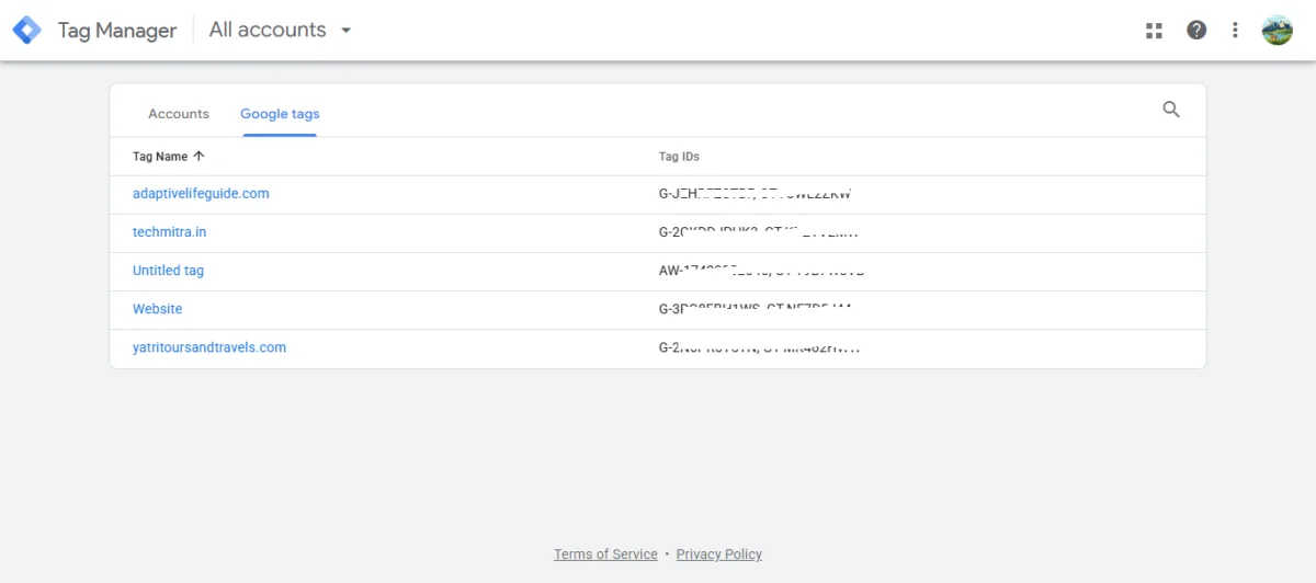 Google Tag and Tag Manager Just Got a Major Update — Here's What I Found on My Own Account 2 Google Tag Manager "Google tags" tab showing a list of existing Google tags with their Tag IDs, including a techmitra.in entry