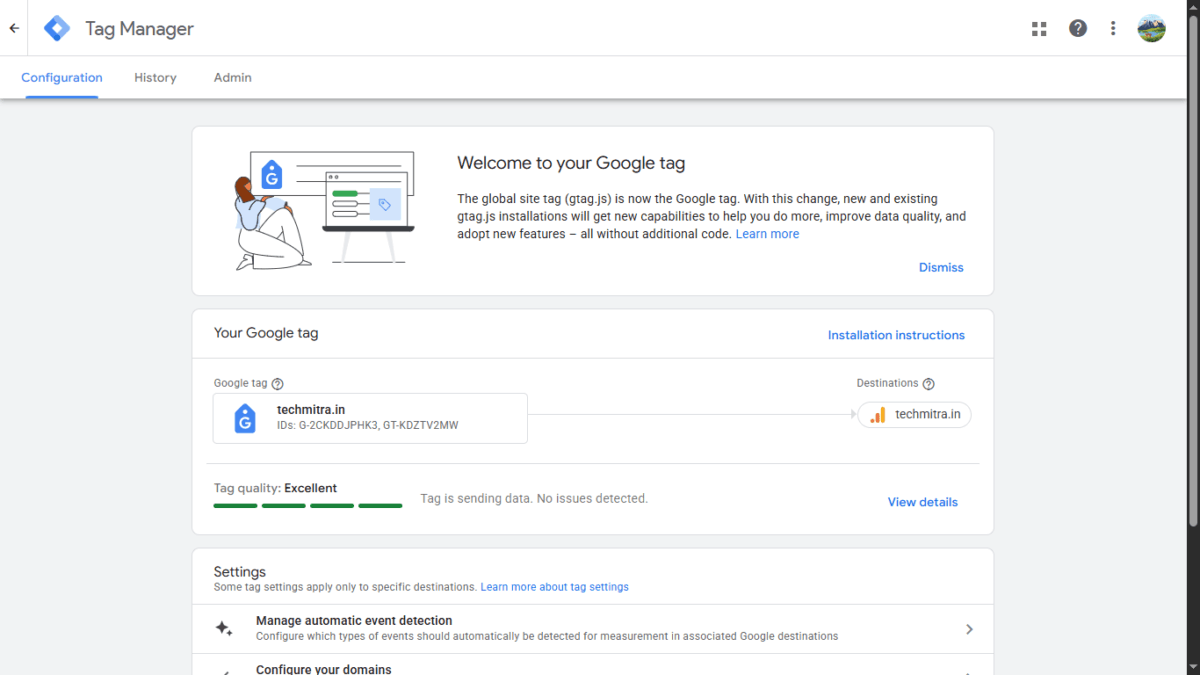 Google Tag Manager Configuration tab showing the "Welcome to your Google tag" banner and a Tag quality status of Excellent for techmitra.in