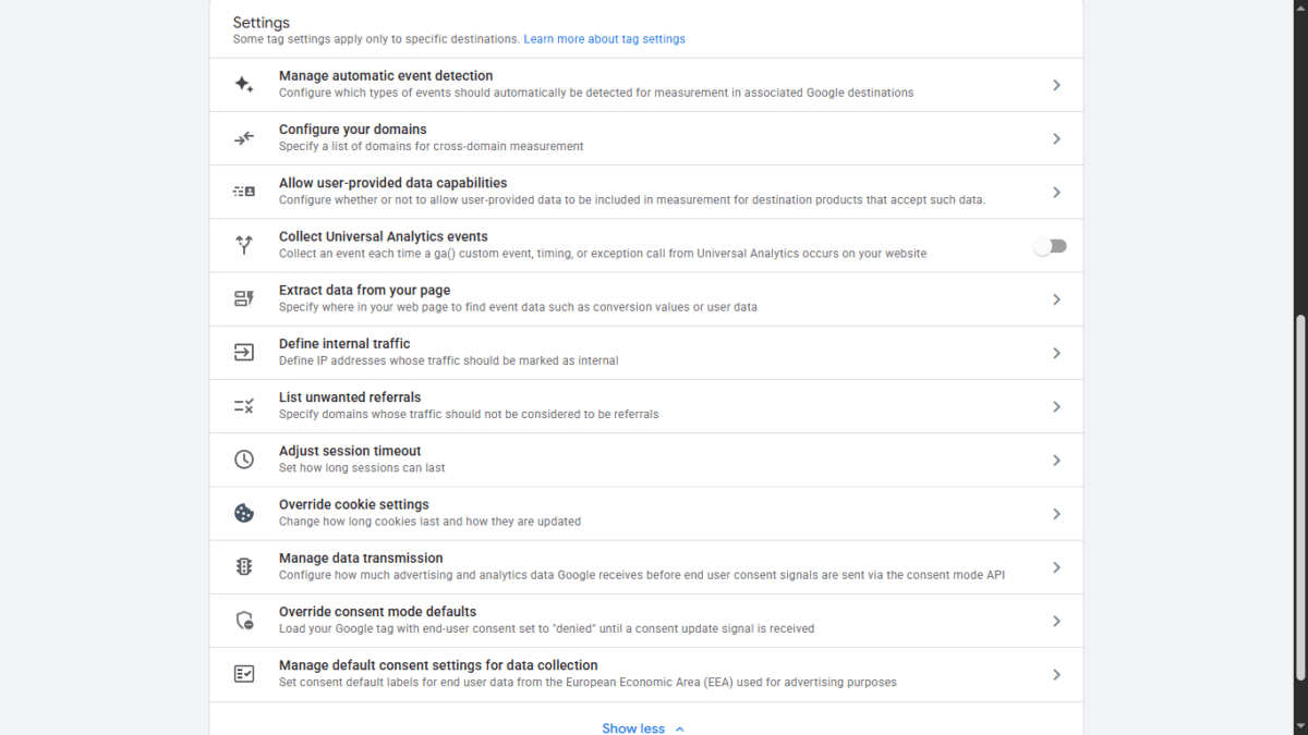 Full list of consolidated Google tag settings including consent mode, session timeout, internal traffic, and cookie override options