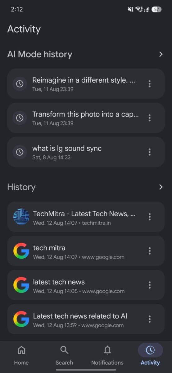 The Google App on Android: What It Actually Does (and Why It's Not the Same as Chrome) 5 Activity tab showing AI Mode history entries
