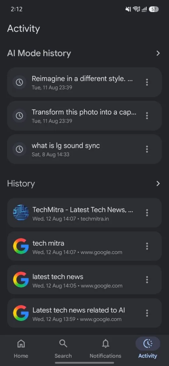 The Google App on Android: What It Actually Does (and Why It's Not the Same as Chrome) 6 Activity tab showing AI Mode history entries