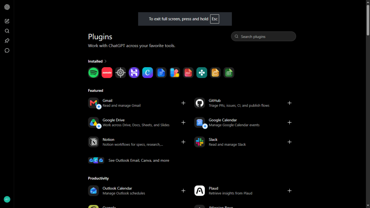 I Tested ChatGPT Plugins with Zomato and Spotify — Here's What They Can Actually Do 3 The ChatGPT Plugins 2026 directory — your installed plugins appear at the top, with Featured and category sections below.