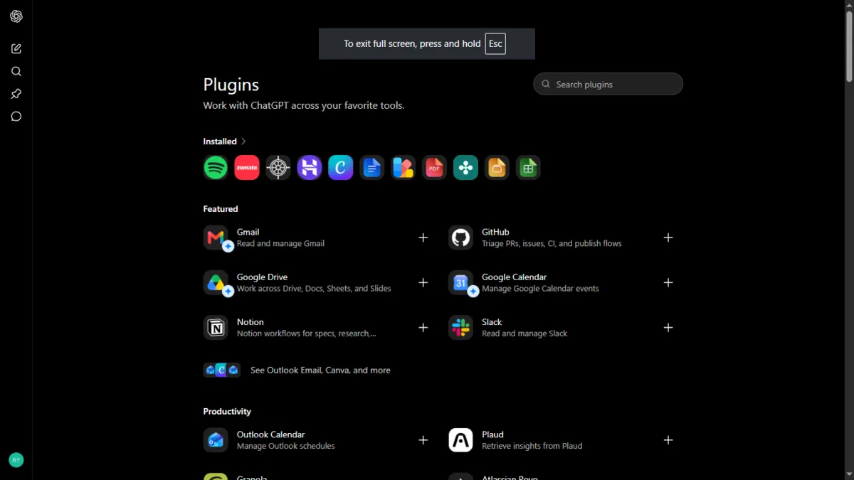 I Tested ChatGPT Plugins with Zomato and Spotify — Here's What They Can Actually Do 2 The ChatGPT Plugins 2026 directory — your installed plugins appear at the top, with Featured and category sections below.