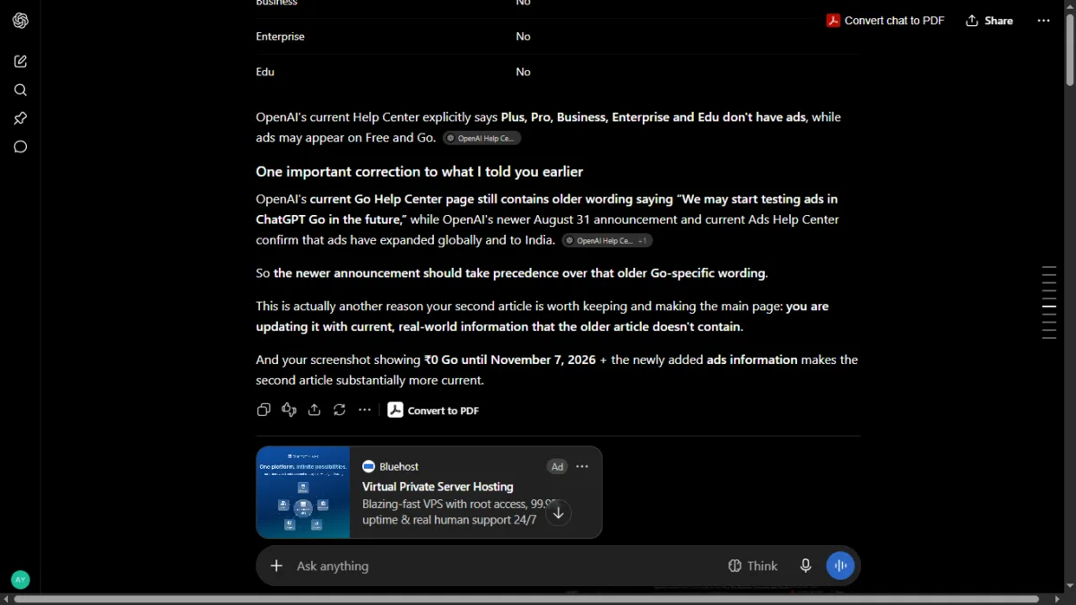 ChatGPT Free vs Go vs Plus vs Pro vs Business Plans & Price In india: Which Should You Choose? 5 Screenshot showing a sponsored Bluehost ad displayed on ChatGPT Go in India.