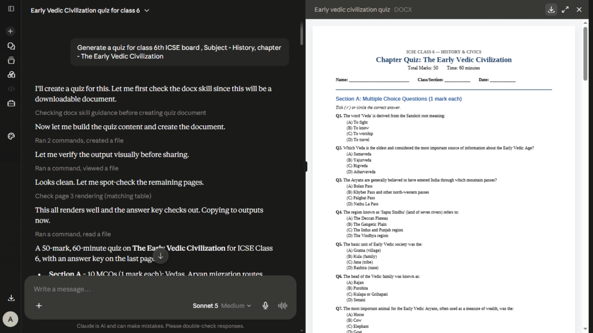 Claude AI generated Word document showing an ICSE Class 6 History quiz on the Early Vedic Civilization, with multiple choice questions and an answer key