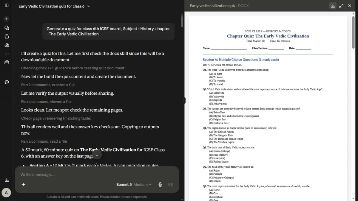 How I Used Claude AI to Build an Interactive Practice Quiz for My Child's ICSE History Chapter 2 Claude AI generated Word document showing an ICSE Class 6 History quiz on the Early Vedic Civilization, with multiple choice questions and an answer key