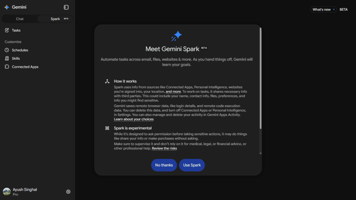 I Tested Google Gemini Spark AI Agent the Day It Launched in India — Here's What Actually Happened 2 Screenshot - Google Gemini Spark AI agent Consent gate