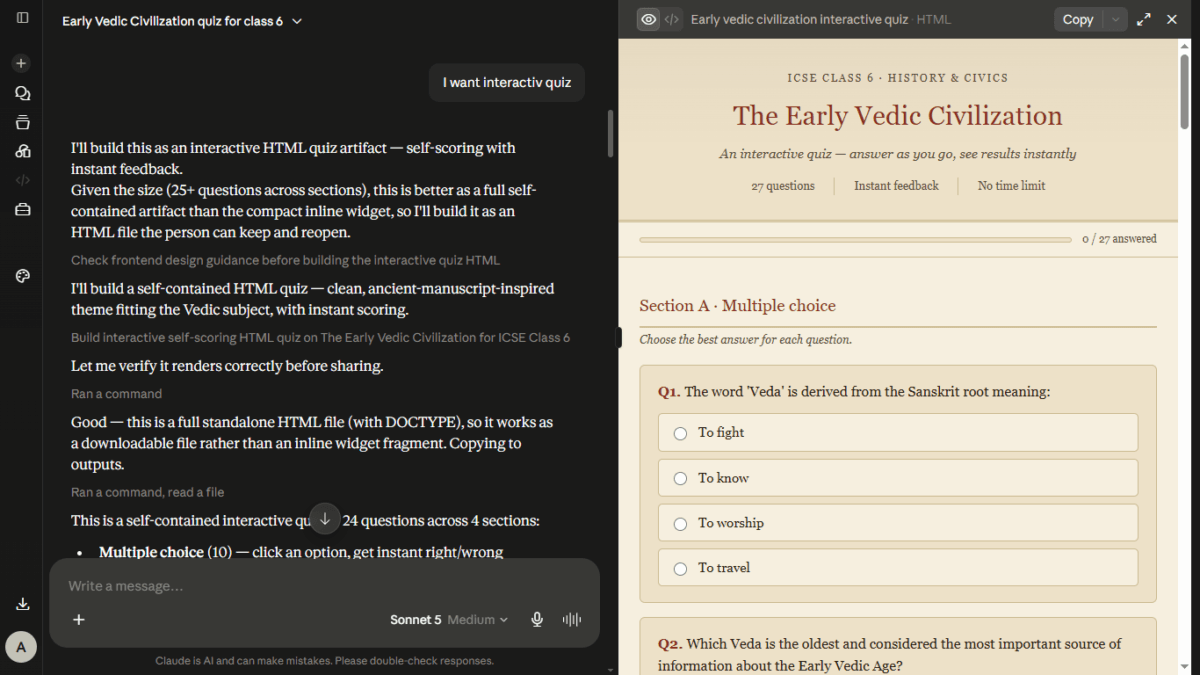Interactive self-scoring HTML quiz on the Early Vedic Civilization built by Claude AI, showing a multiple choice question and progress bar