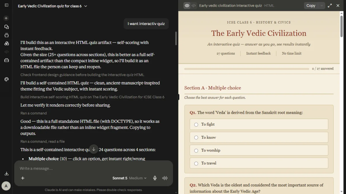 How I Used Claude AI to Build an Interactive Practice Quiz for My Child's ICSE History Chapter 3 Interactive self-scoring HTML quiz on the Early Vedic Civilization built by Claude AI, showing a multiple choice question and progress bar