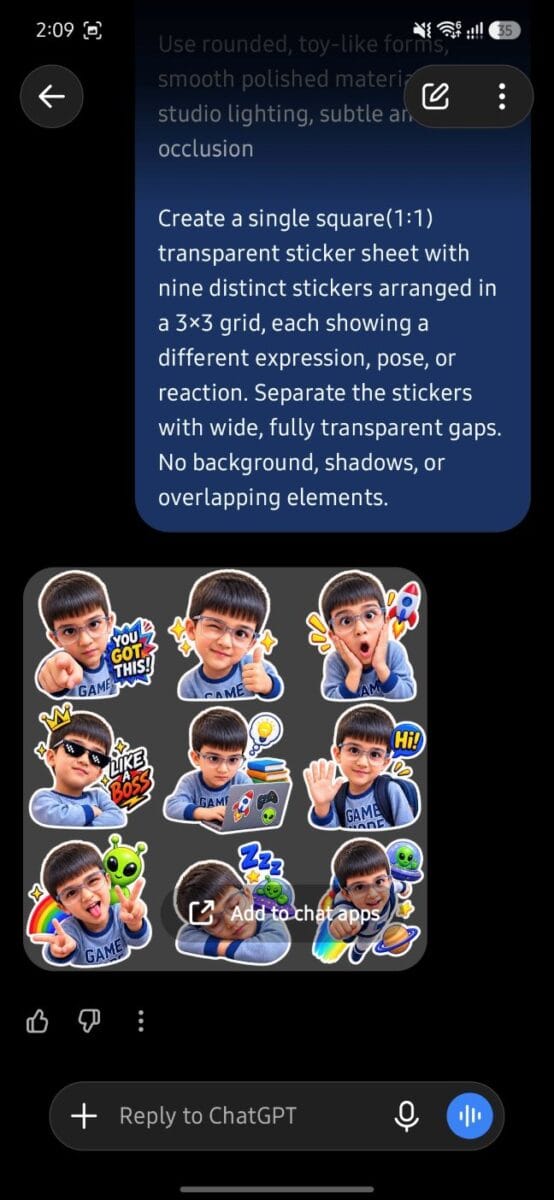 ChatGPT Sticker Generator : How to Create Custom WhatsApp and iMessage Stickers (Tested) 7 Screenshot 3X3 Sticker Generated