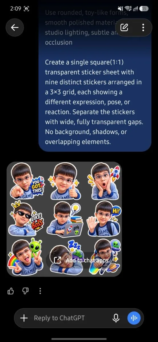 ChatGPT Sticker Generator : How to Create Custom WhatsApp and iMessage Stickers (Tested) 7 Screenshot 3X3 Sticker Generated